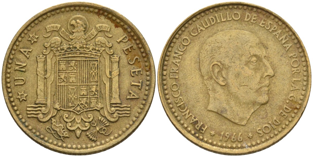 Испания 1 песета 1966 (69) Франсиско Франко (1939-1975) KM 796 алюминиевая бронза 4604-115