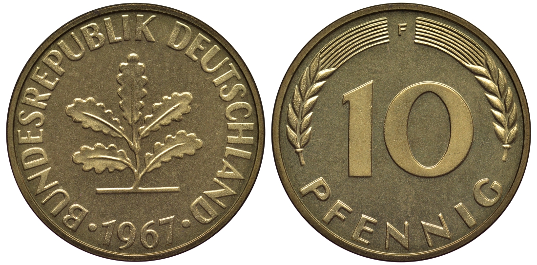 ФРГ 10 пфеннигов 1967 F J 383, KM 108 сталь плакированная латунью  PROOF  1099-4-21