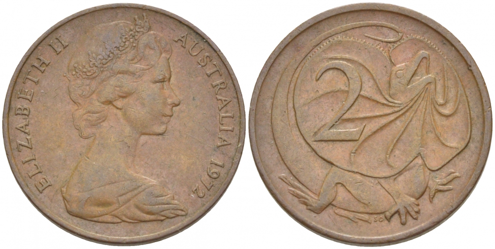 АВСТРАЛИЯ 2 ЦЕНТА 1972 ЕЛИЗАВЕТА II, МОЛОДОЙ ПОРТРЕТ, ПЛАЩЕНОСНАЯ ЯЩЕРИЦА (FRILLED LIZARD) KM 63 бронза 3457-626