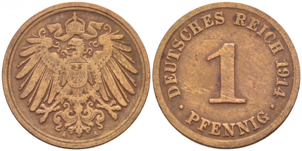 ГЕРМАНИЯ 1 ПФЕННИГ 1914 A KM 10, J. 10 медь 4396-1512