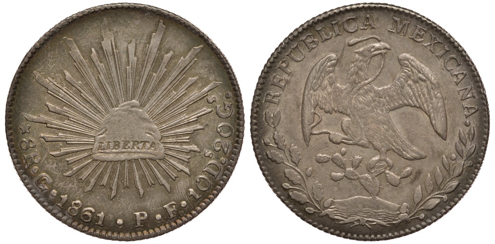 Мексика 8 реалов 1861/51 РF, монетный двор Go (город Гуанахуато), красивая золотисто-голубая патина KM 377.8 серебро 00-00