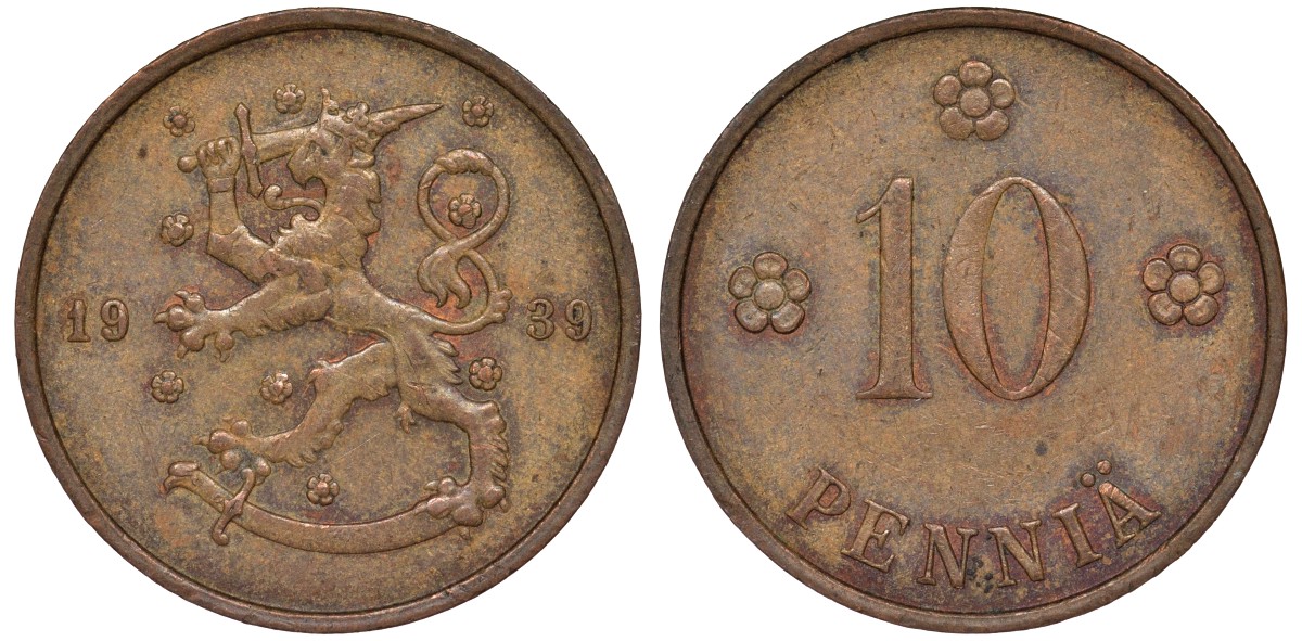 Финляндия 10 пенни 1939 KM 24 медь 51-3135