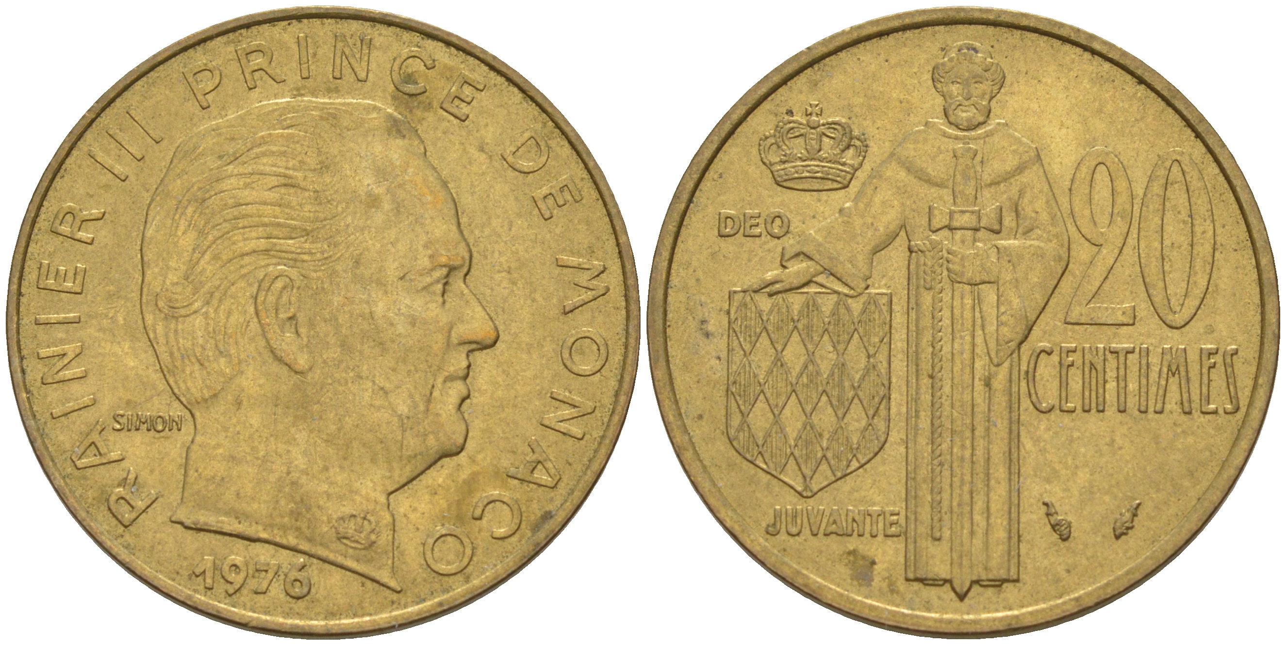 Монако 20 сантимов 1976 Ренье III (1949-2005) KM 143 алюминиевая бронза 190-514