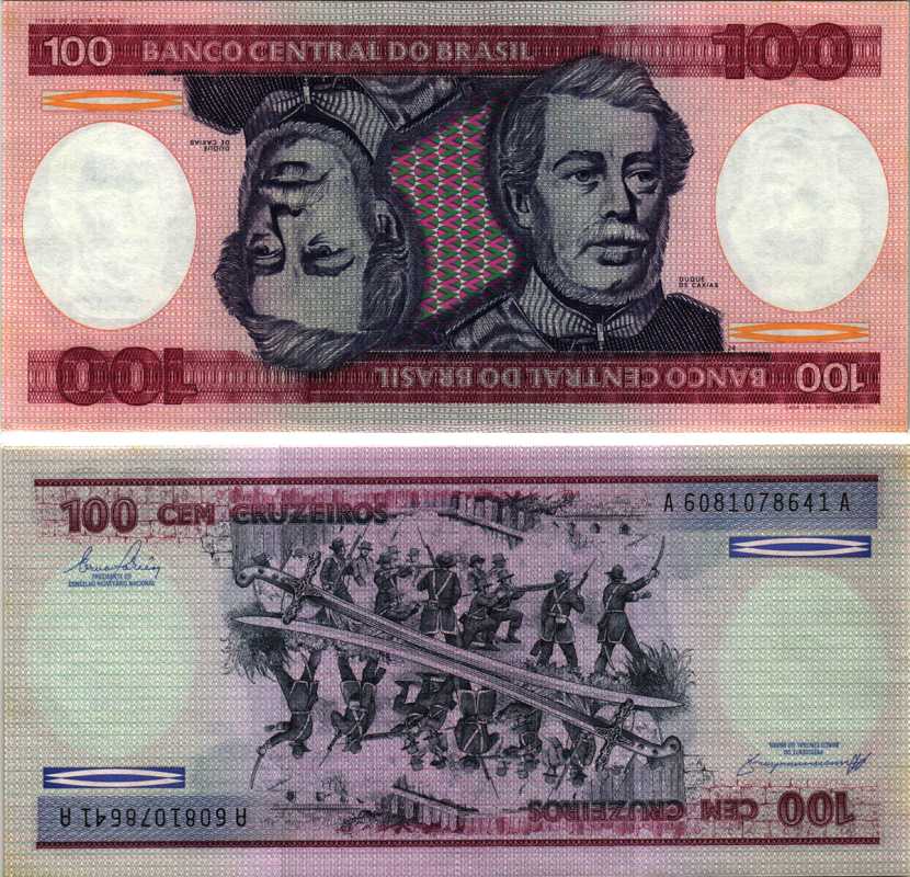 БРАЗИЛИЯ 100 КРУЗЕЙРО 1984 ПОДПИСЬ 21, СЕРИЯ А 14810, ГЕРЦОГ КАКСИАС Pick 198b бумага UNC (ПРЕСС) 8518-50-1-2