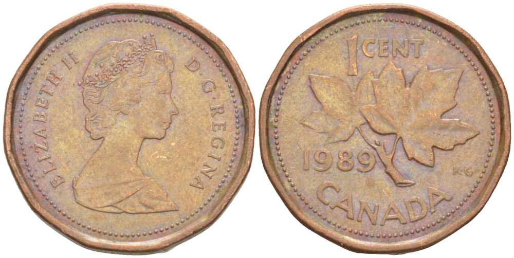 Канада 1 цент 1989 Елизавета II (1952-2022), кленовый лист KM 132 бронза 99-1111