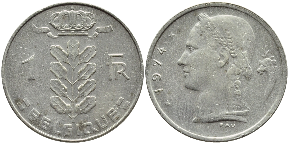 Бельгия 1 франк 1974 Belgique, Бодуэн I (1951-1993) KM 142.1 медно-никель 4382-1045