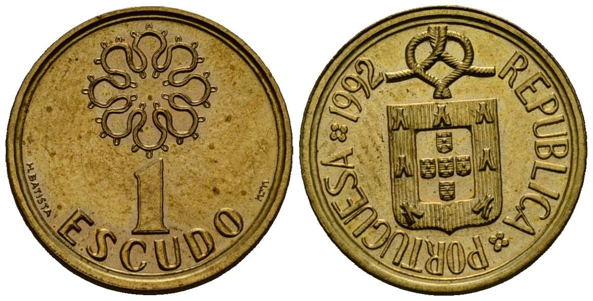 Португалия 1 эскудо 1992 KM 631 никель латунь 4164-1121