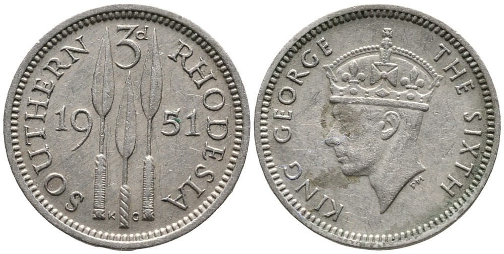 Британская Южная Родезия 3 пенса 1951 Георг VI (1936-1952) KM 20 медно-никель 4532-243