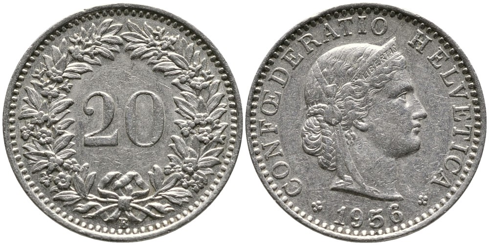 ШВЕЙЦАРИЯ 20 РАППЕНОВ 1956 В KM 29а медно-никель 4539-555