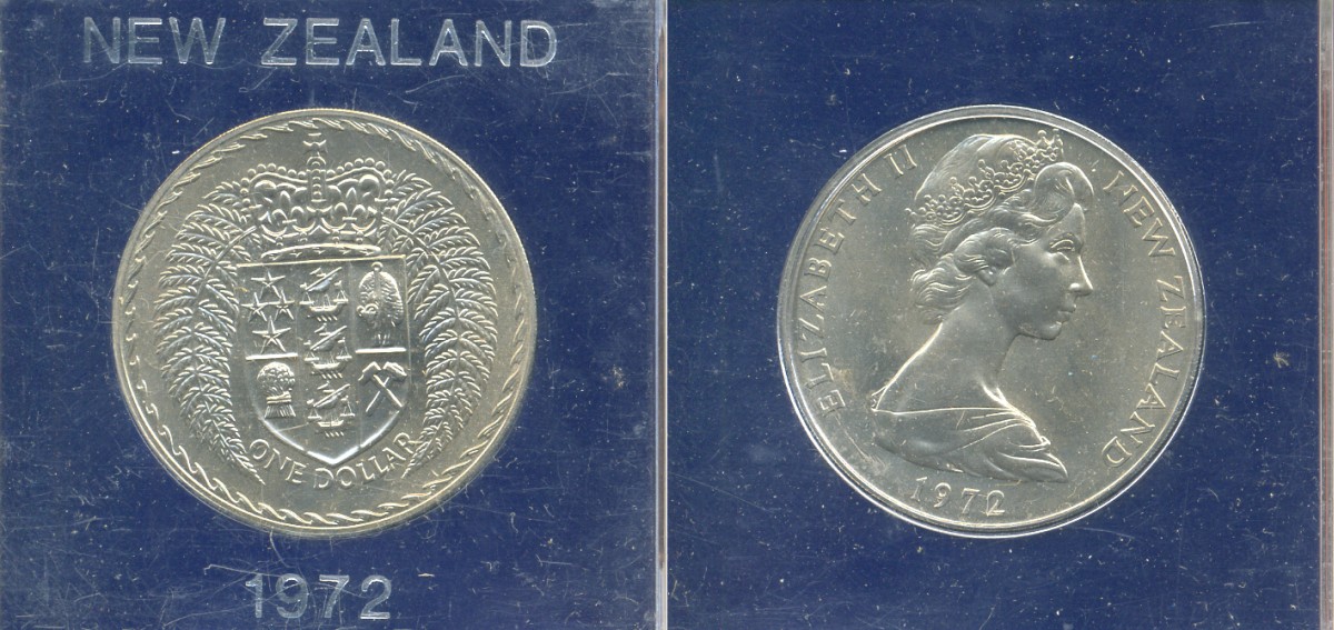 Новая Зеландия 1 доллар 1972 герб Новой Зеландии, Елизавета II (1952-2022), в оригинальной пластиковой упаковке KM 38.2 медно-никель UNC 06-059-3