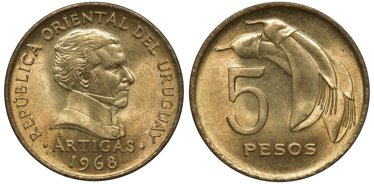 Уругвай 5 песо 1975 Хосе Хервасио Артигас KM 50 никель-латунь UNC M53-13