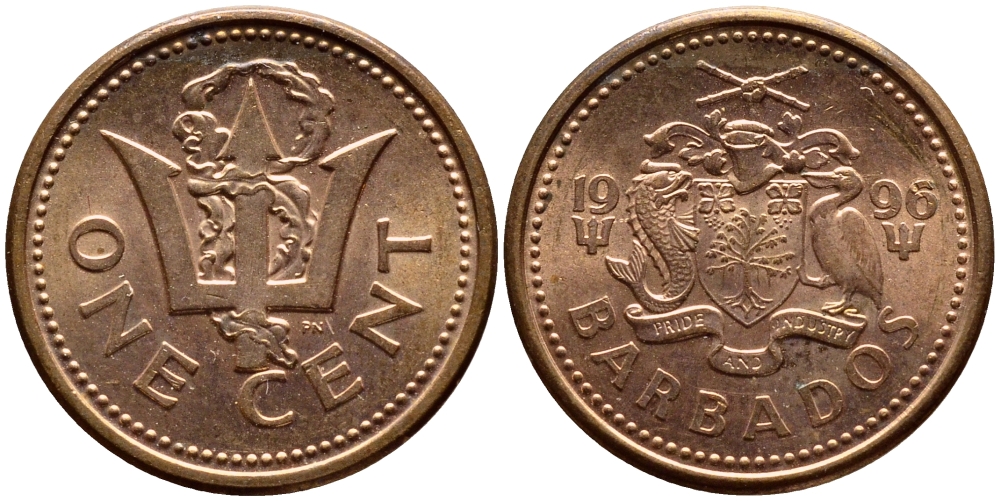 Барбадос 1 цент 1996 сломанный трезубец Британии KM 10а цинк плакированный медью 4398-611