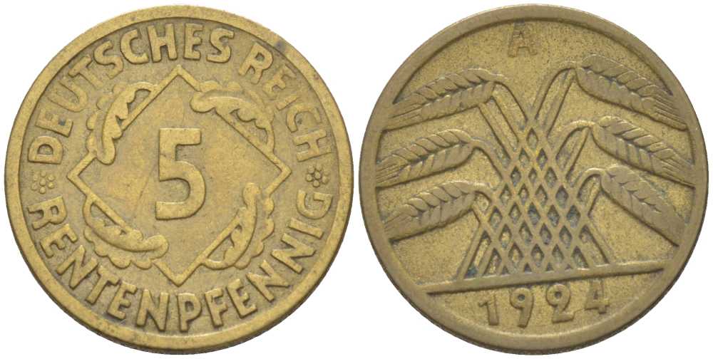 ГЕРМАНИЯ 5 РЕНТЕНПФЕННИГОВ 1924 A KM 43, J. 308, Weege 6 алюминиевая бронза 206-765