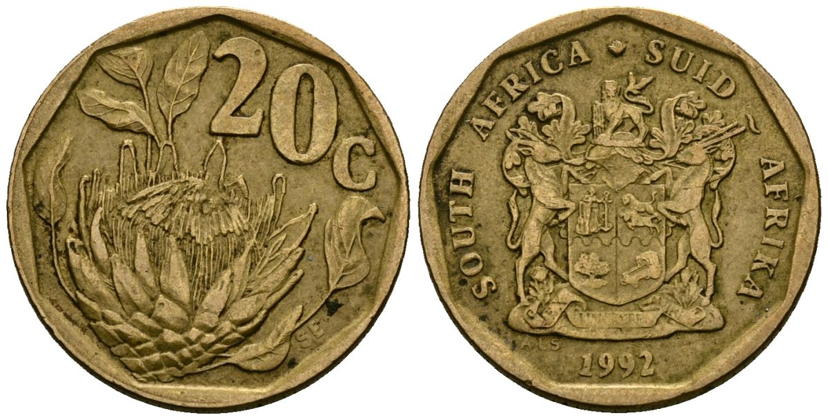 ЮАР 20 центов 1992 герб, цветок протея KM 136 сталь плакированная латунью 4173-961