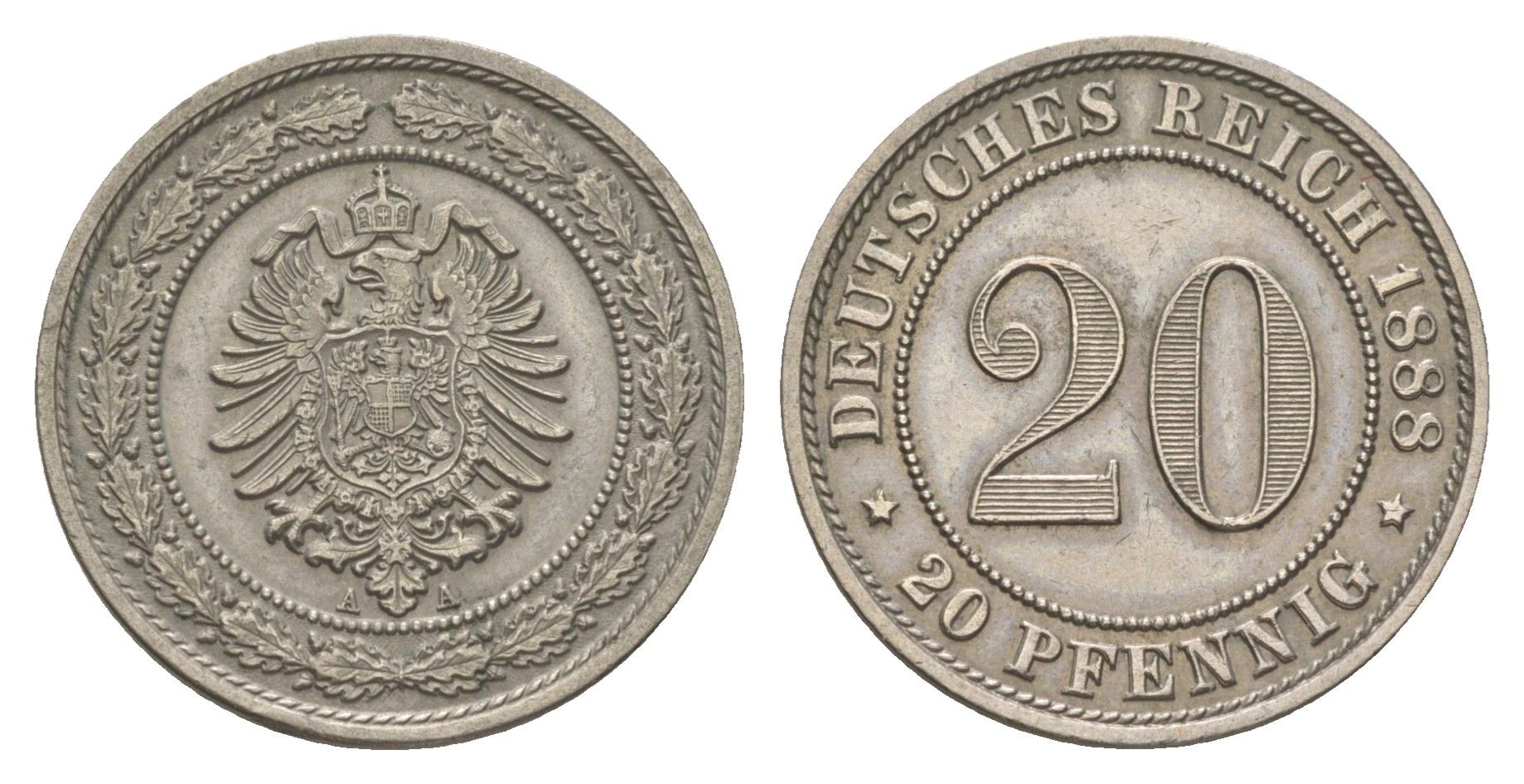 Германия 20 пфеннигов 1888 A, Вильгельм I (1861-1888) KM 9.1, J. 6 медно-никель aUNC 4626-134