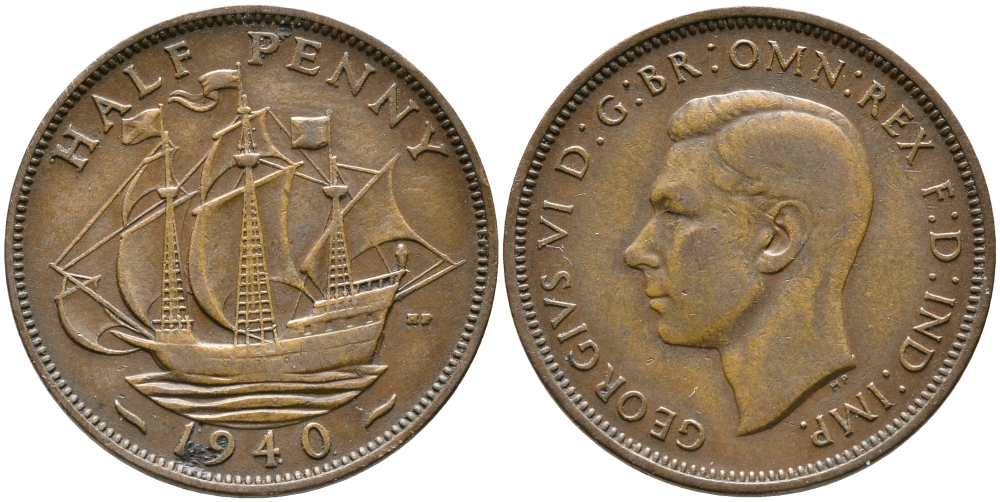 Великобритания 1/2 пенни 1940 Георг VI (1936-1952) KM 844, Spink 4115 бронза 28-854
