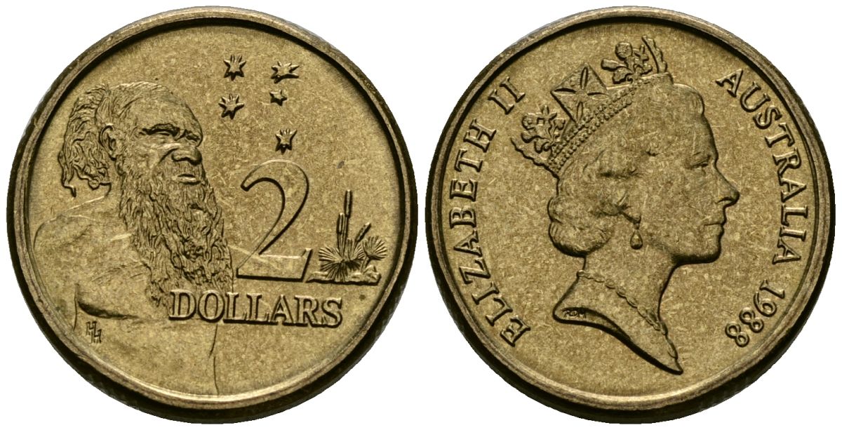Австралия 2 доллара 1988 абориген, Елизавета II (1953-) KM 101 алюминиевая бронза 4388-634