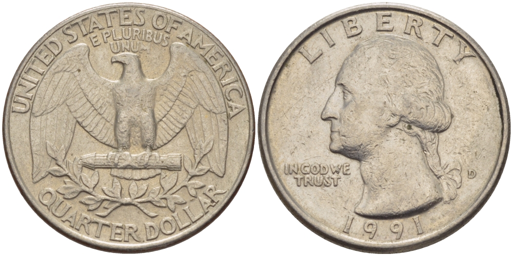 США 25 ЦЕНТОВ = КВОТЕР 1991 D, ВАШИНГТОН KM А164а медь плакированная медно-никелем 31-756