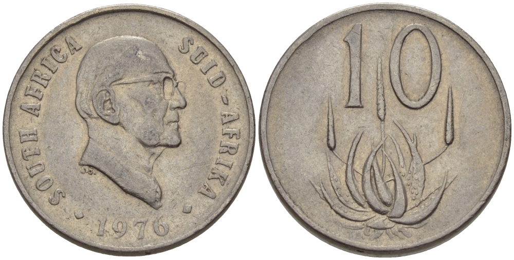 ЮАР 10 ЦЕНТОВ 1976 ПРЕЗИДЕНТ ЯКОБУС ЙОХАННЕС ФУШЕ, ЦВЕТОК АЛОЭ KM 94 никель 67-411