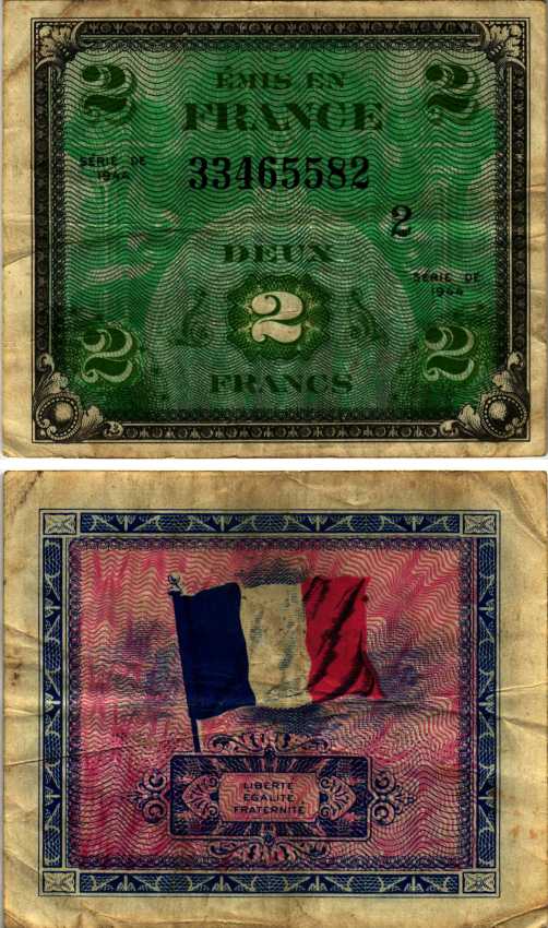 ФРАНЦИЯ 2 ФРАНКА 1944 BLOCK # 2, ПЕРВЫЙ ДОПОЛНИТЕЛЬНЫЙ ВЫПУСК Pick 114b бумага 7183-14-2-1