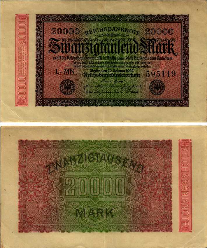 ГЕРМАНИЯ 20000 МАРОК 1923 20 ФЕВРАЛЯ 1923, ВОДЯНОЙ ЗНАК L Pick 85a бумага 7547-95-3