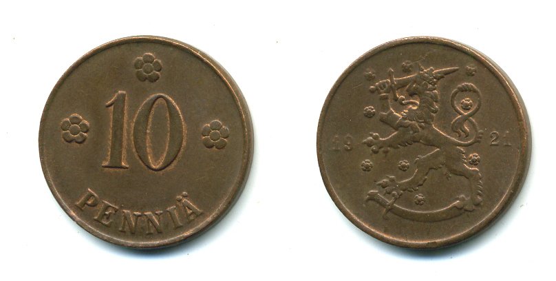 Финляндия 10 пенни 1921 республика (1918-1962) KM 24 медь 46-128