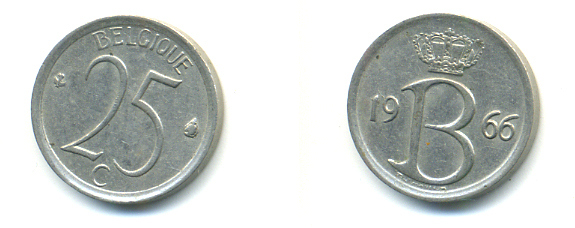 БЕЛЬГИЯ 25 САНТИМОВ 1966 BELGIQUE KM 153.1 медно-никель 86-1253