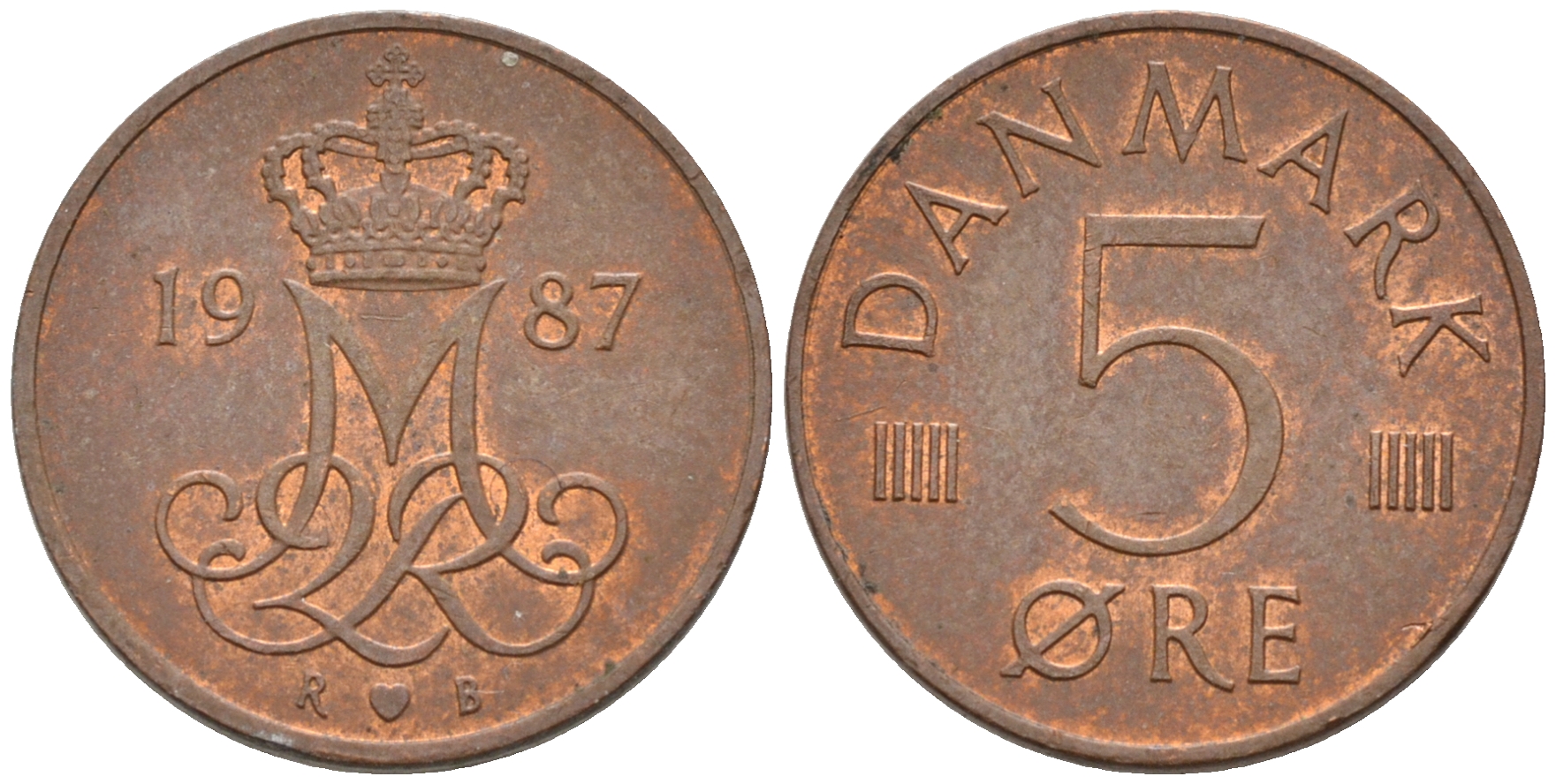 ДАНИЯ 5 ЭРЕ 1987 R; B, МАРГРЕТЕ II (1972-) KM 859.3 железо плакированное медью 4564-1212