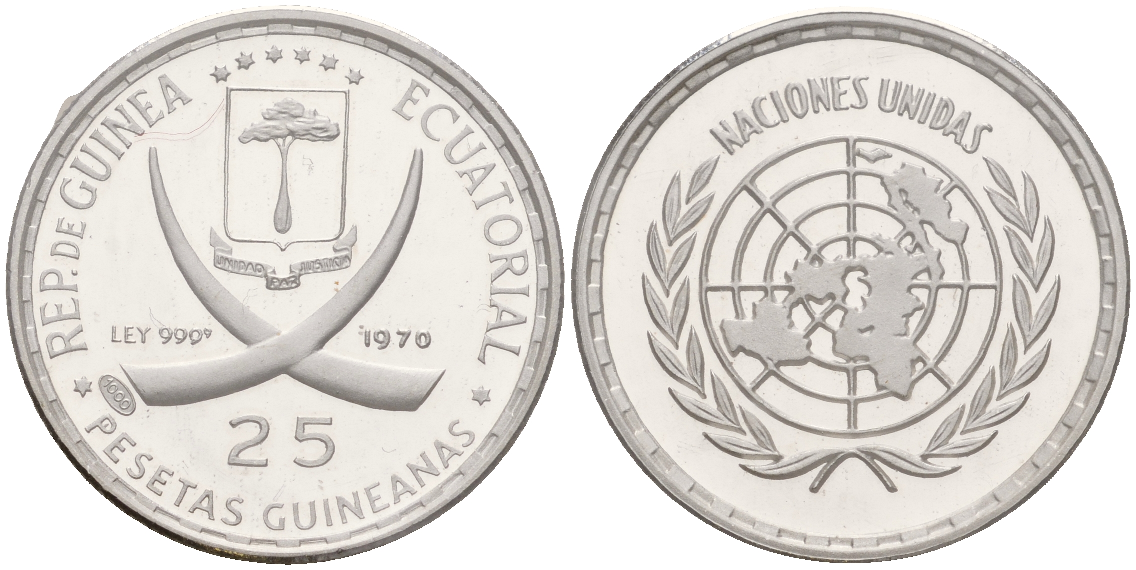 Экваториальная Гвинея 25 песет 1970 Организация Объединённых Наций, в запайке KM 6 серебро PROOF 3831-321