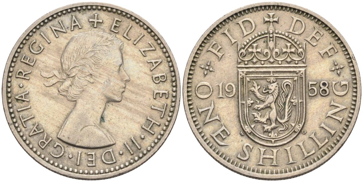 Великобритания 1 шиллинг 1958 Елизавета II (1952-2022), Шотландский герб KM 905, Spink 4148 медно-никель 4116-847