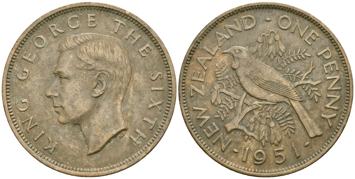 Новая Зеландия 1 пенни 1951 Георг VI (1936-1952), новозеландский туи KM 21 бронза 4536-334