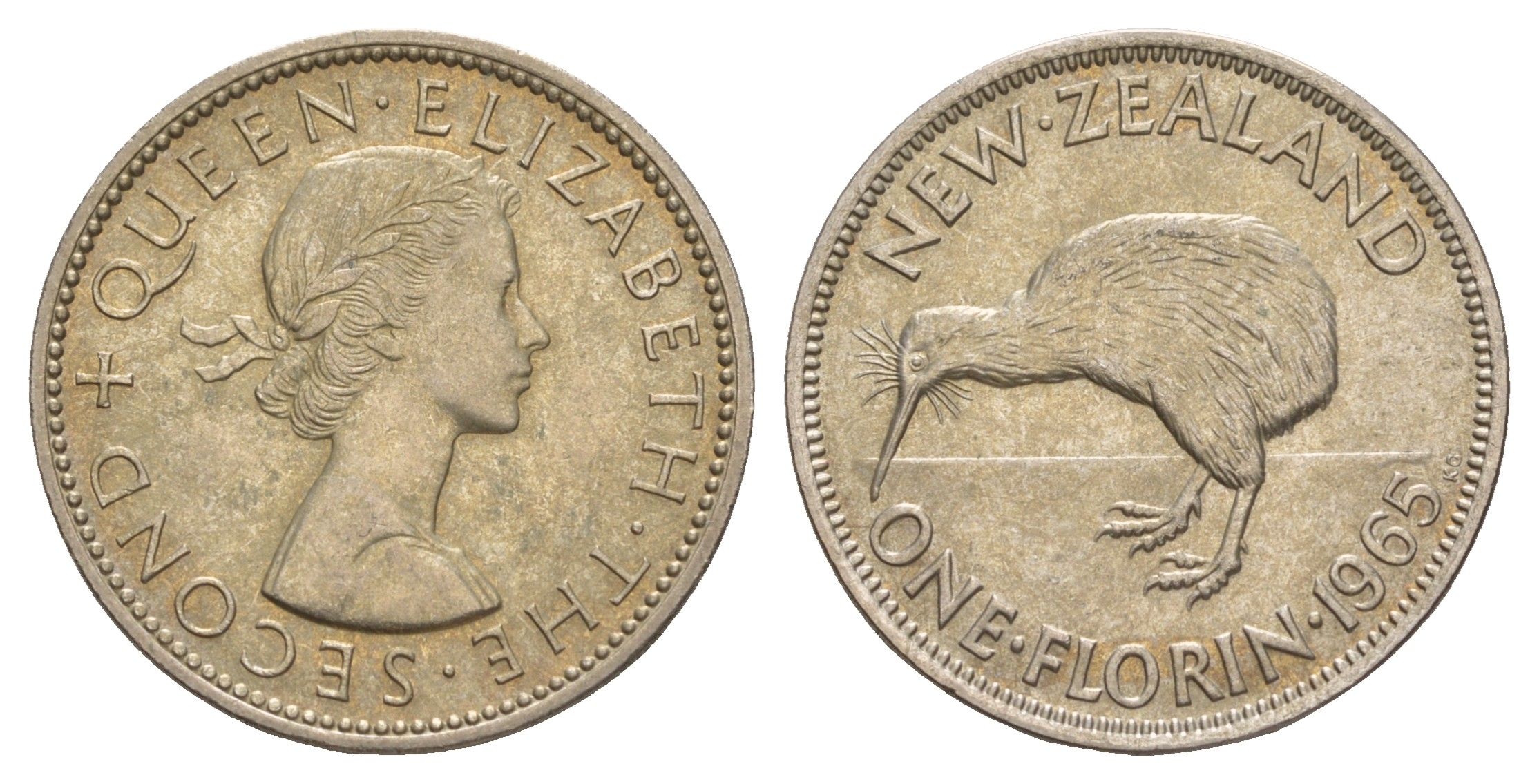 Новая Зеландия 1 флорин = 2 шиллинга 1965 Елизавета II (1952-2022), птичка киви KM 28.2 медно-никель UNC 4650-817