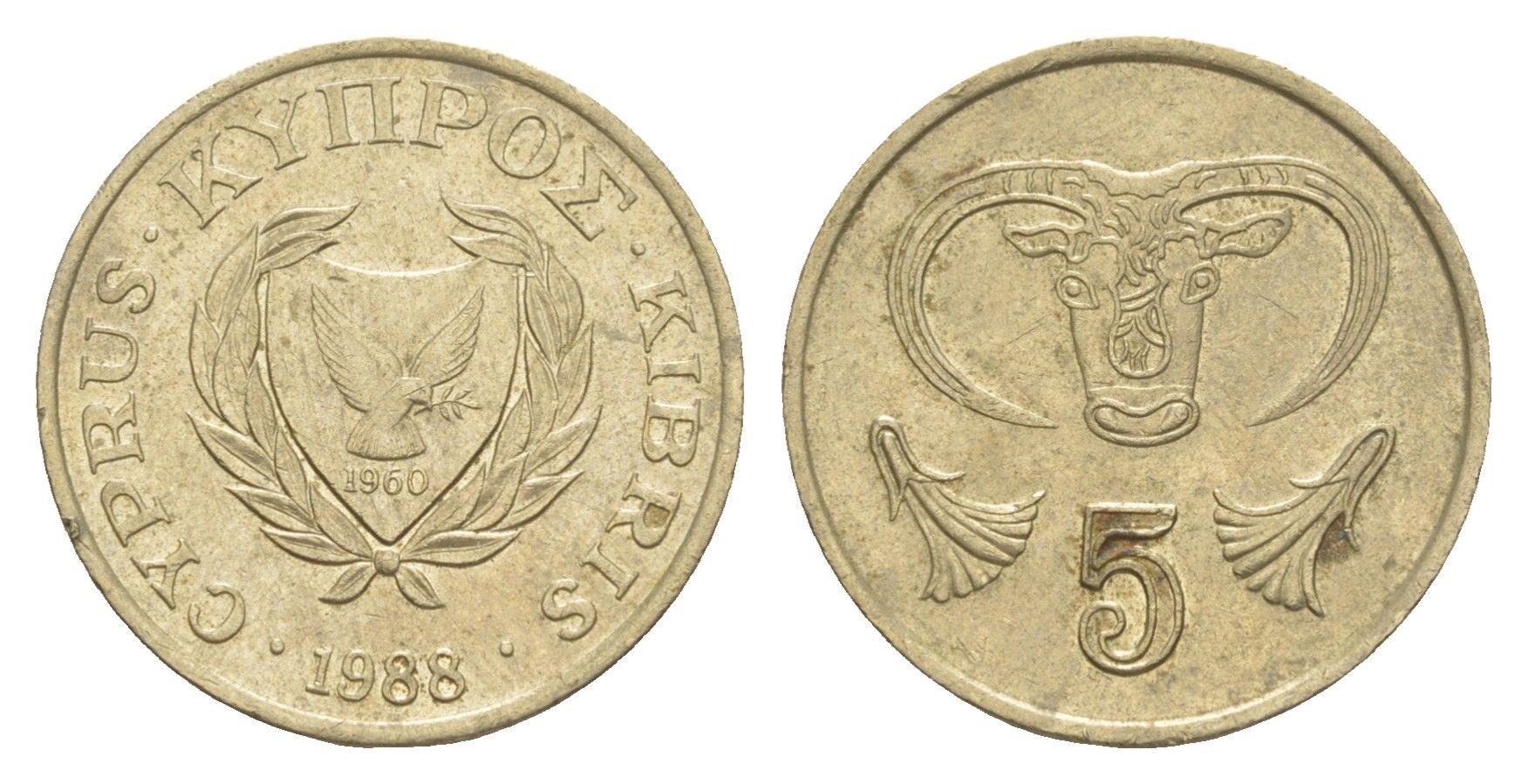 Кипр 5 центов 1988 голова быка KM 55.2 никель латунь UNC 4649-1161