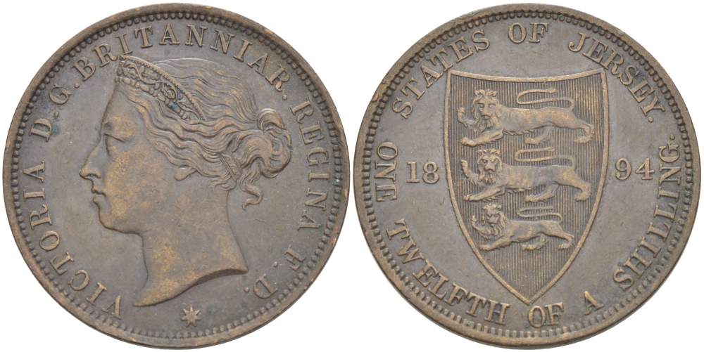 Джерси 1/12 шиллинга 1894 Виктория (1837-1901) KM 8 бронза 4517-1025