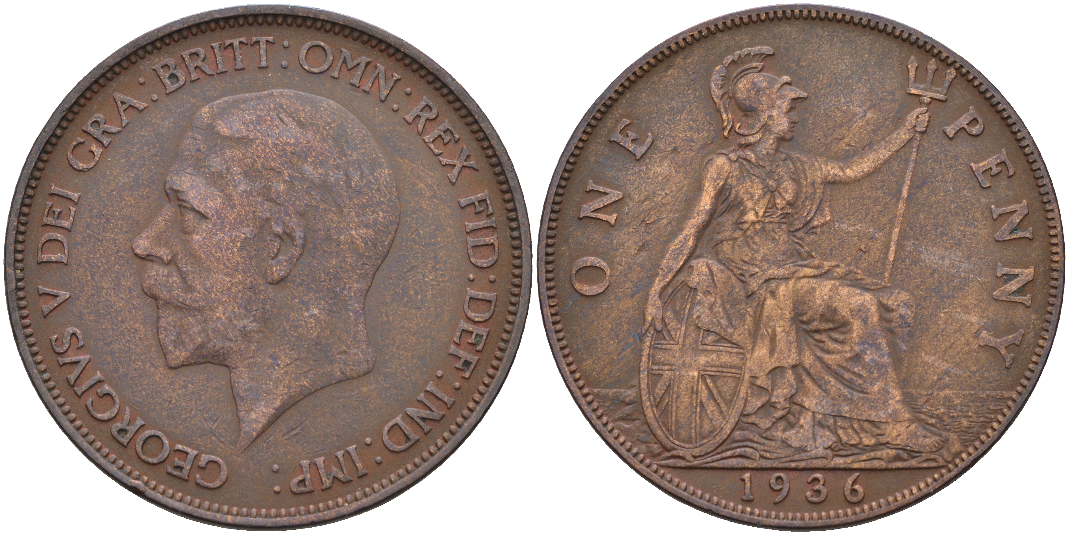 Великобритания 1 пенни 1936 Георг V (1910-1936) KM 838, Spink 4055 бронза 4593-224