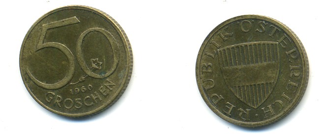 Австрия 50 грошей 1960 KM 2885 алюминиевая бронза 80-825
