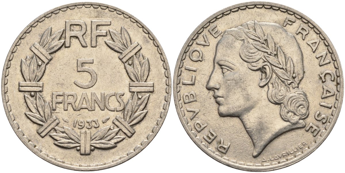 Франция 5 франков 1933 KM 888 никель 4144-345
