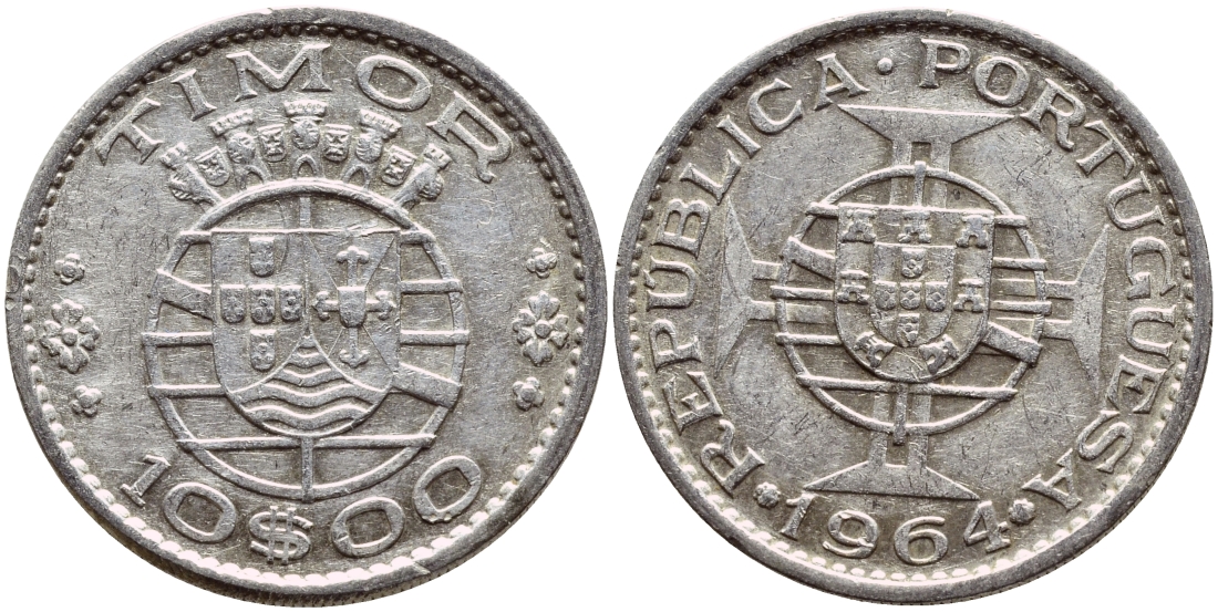 Португальский Тимор 10 эскудо 1964 год тип KM 16 серебро 80-522