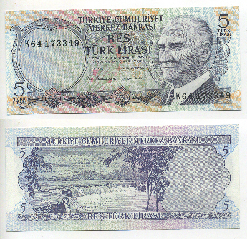 ТУРЦИЯ 5 ЛИР 1976 ПРЕЗИДЕНТ КЕМАЛЬ АТАТЮРК, МАНАВГАТ ВОДОПАД В АНТАЛИИ Pick 185 бумага UNC (ПРЕСС) 7214-39-3