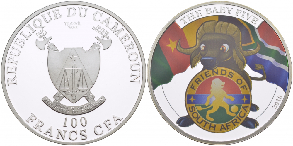 КАМЕРУН 100 ФРАНКОВ 2010 СЕРИЯ ДЕТЕНЫШИ БОЛЬШОЙ ПЯТЕРКИ, БУЙВОЛ, ЭМАЛЬ, ТИРАЖ 1000 ЭКЗ. KM NEW медь плакированная серебром 00-000-00