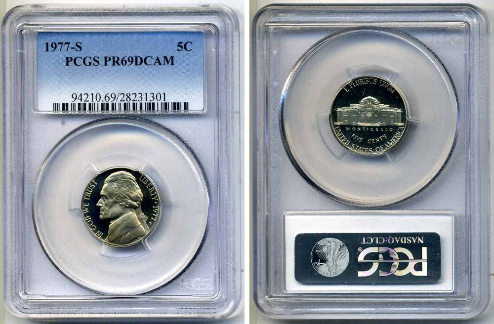 США 5 центов 1977 S, президент Джеферсон, в слабе PCGS PR69CAM KM А192 медно-никель PROOF 15-002-19