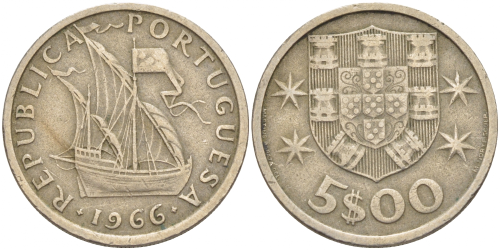 Португалия 5 эскудо 1966 парусник KM 591 медно-никель 3457-613