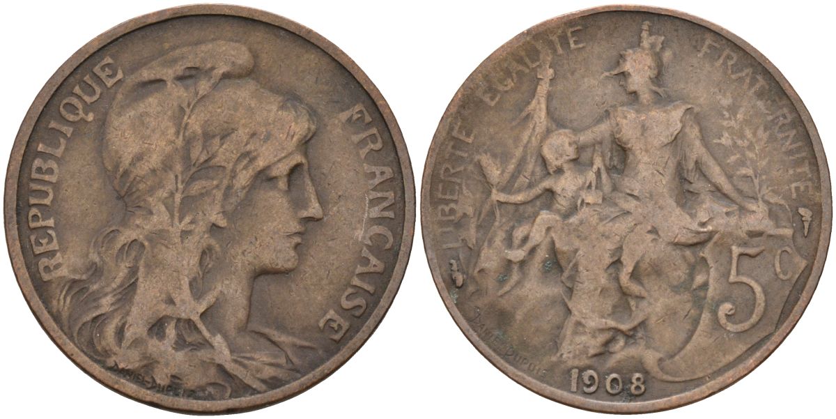 Франция 5 сантимов 1908 тип Даниэль Дюпюи KM 842, Le Franc 119.19 бронза 4126-627