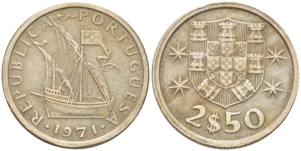 ПОРТУГАЛИЯ 2,5 ЭСКУДО 1971 ПАРУСНИК KM 590 медно-никель 4523-1052
