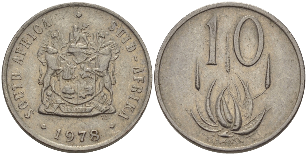 ЮАР 10 ЦЕНТОВ 1978 ГЕРБ, ЦВЕТОК АЛОЭ KM 85 никель 67-421