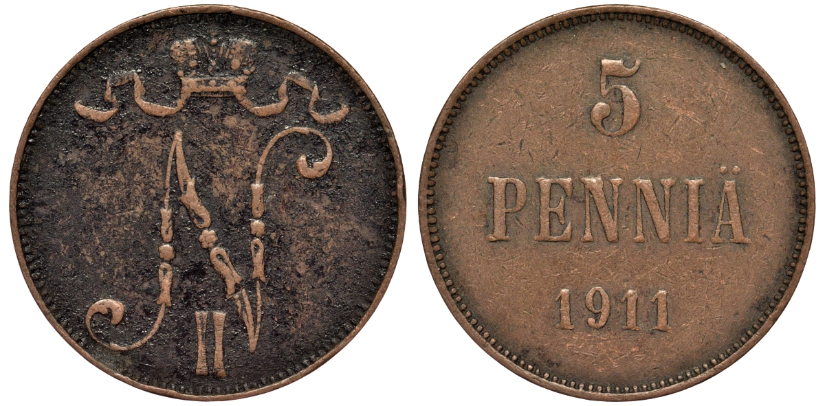 Россия для Финляндии 5 пенни 1911 Николай II (1894-1917) KM 15, Биткин 451 медь 75-746