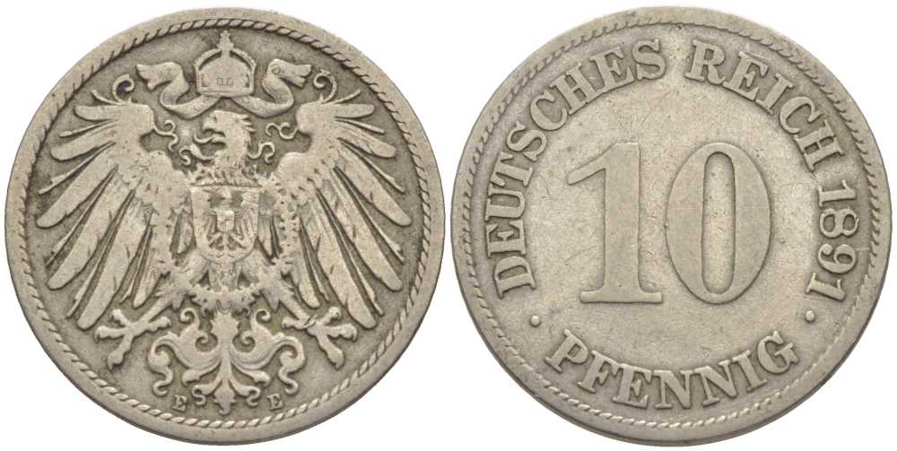 ГЕРМАНИЯ 10 ПФЕННИГОВ 1891 E KM 12, J. 13 медно-никель 4401-925