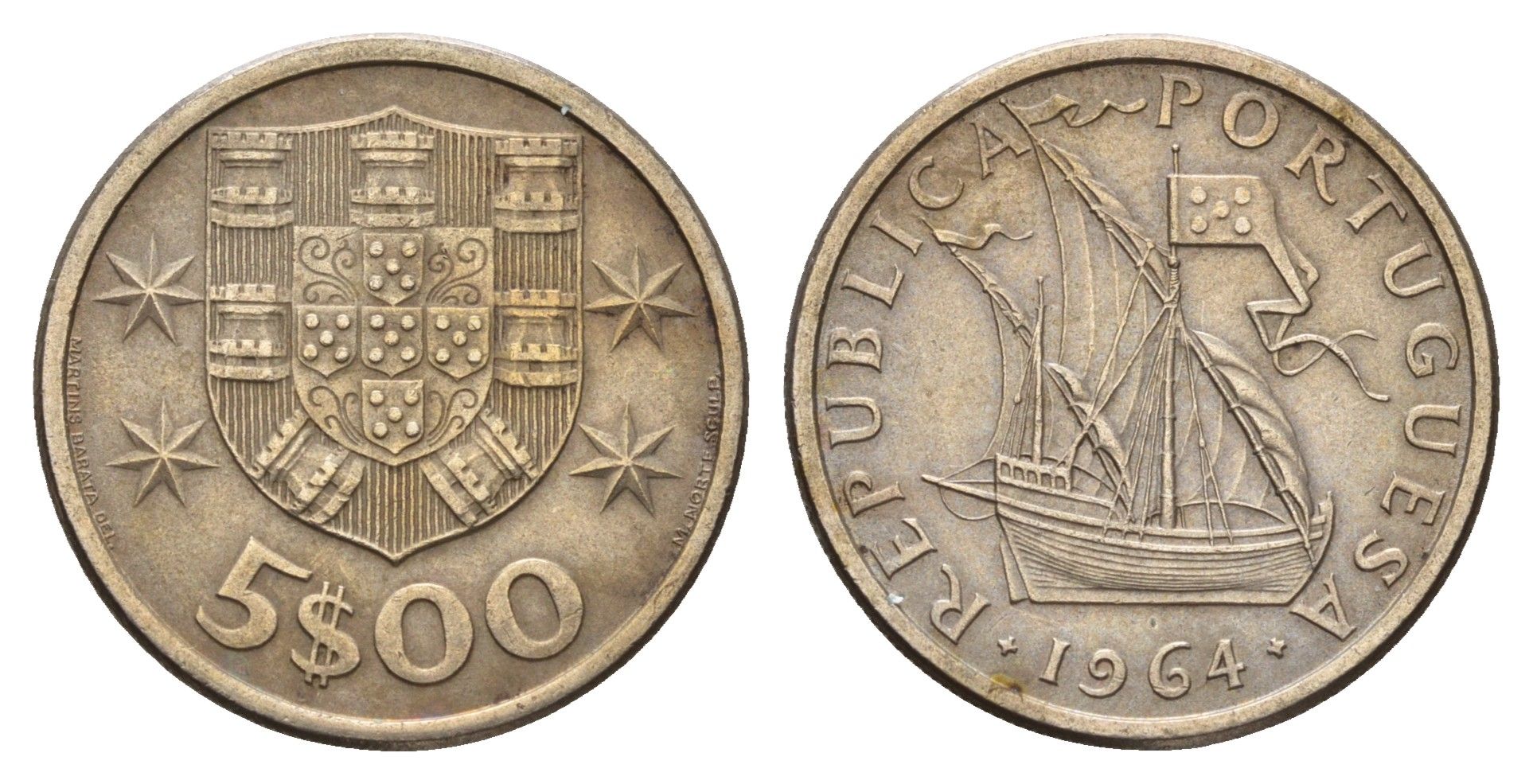Португалия 5 эскудо 1964 парусник KM 591 медно-никель 4678-743