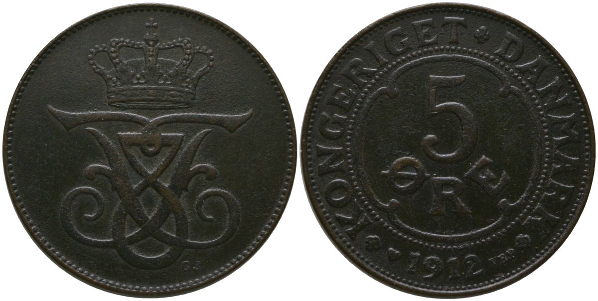 Дания 5 эре 1912 ? VBP, Фредерик VIII (1906-1912) KM 806 бронза 4571-357