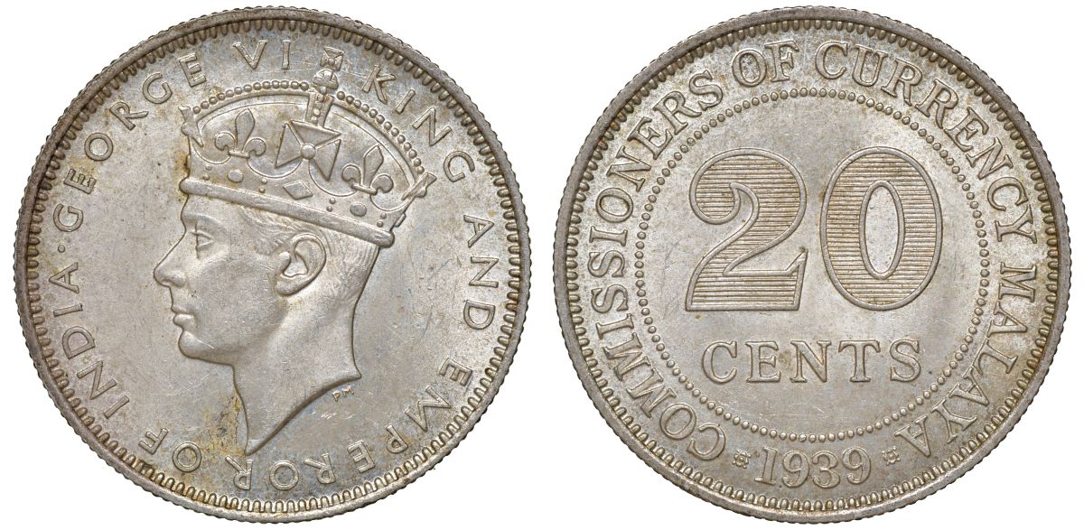 Британская Малайя 20 центов 1939 Георг VI (1937-1952) KM 5 серебро 53-425
